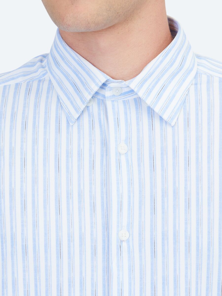 Light Blue Striped Regular Fit Knitting Casual Shirt - 4