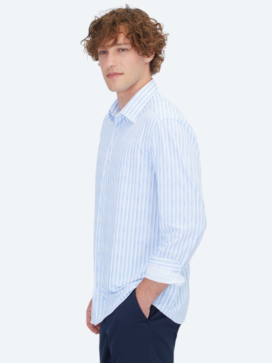 Light Blue Striped Regular Fit Knitting Casual Shirt - 5