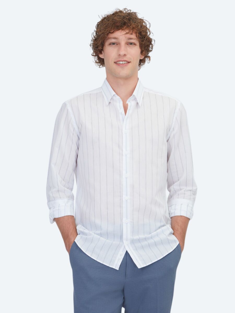 Light Blue Striped Regular Fit Weaving Casual Cotton Blended Shirt - 1