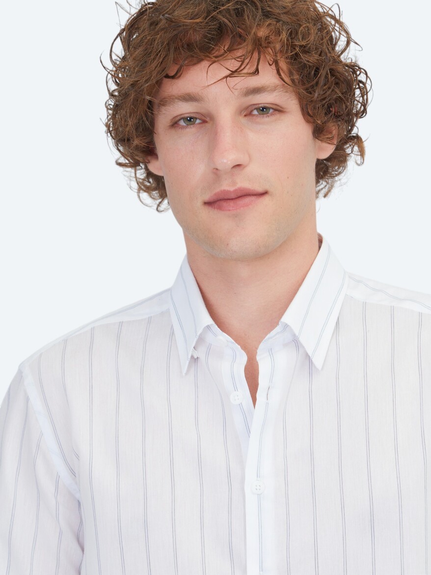 Light Blue Striped Regular Fit Weaving Casual Cotton Blended Shirt - 3