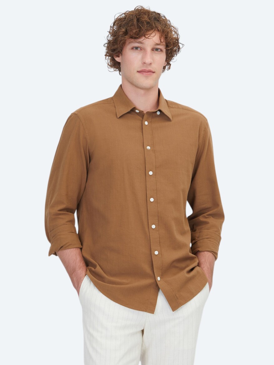 Light Brown Plain Regular Fit Weaving Casual 100% Cotton Shirt - 1