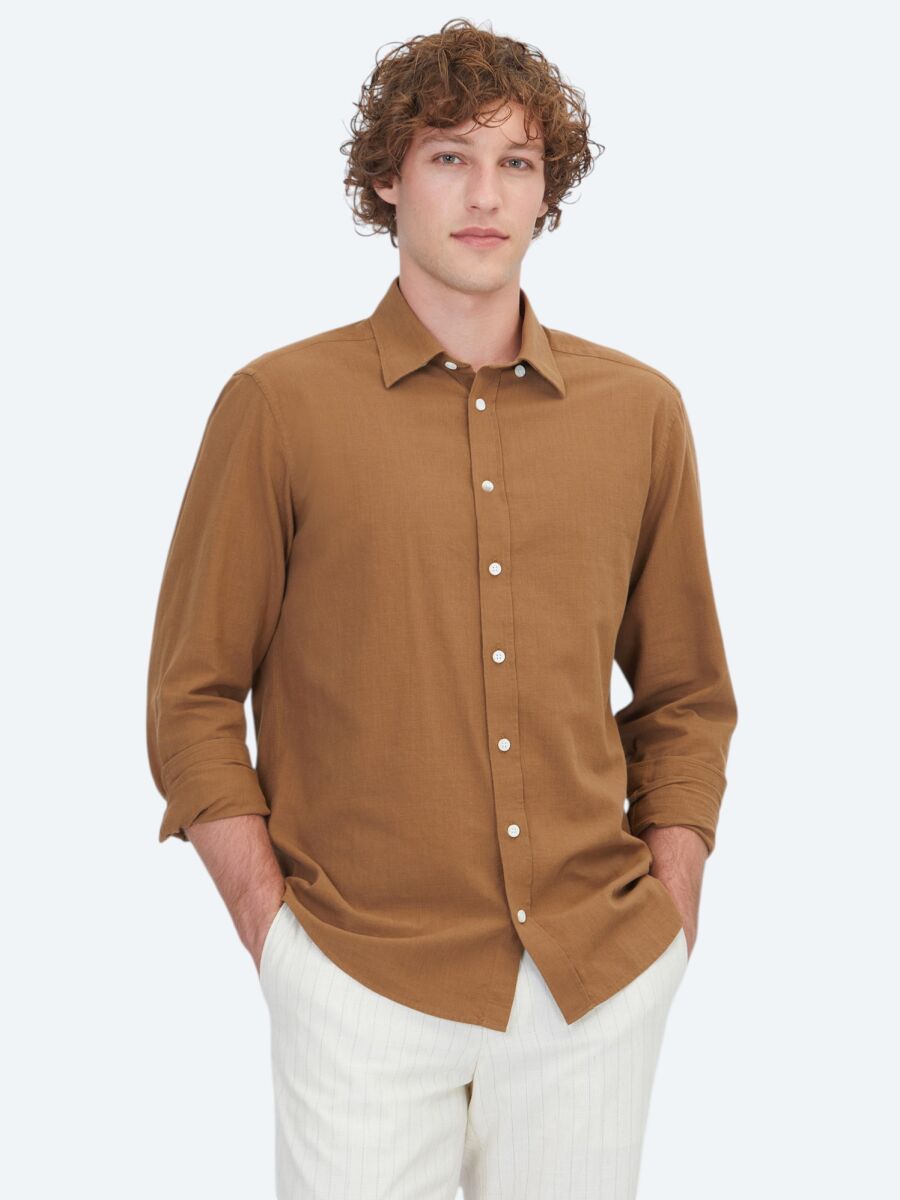 Light Brown Plain Regular Fit Weaving Casual 100% Cotton Shirt - 1