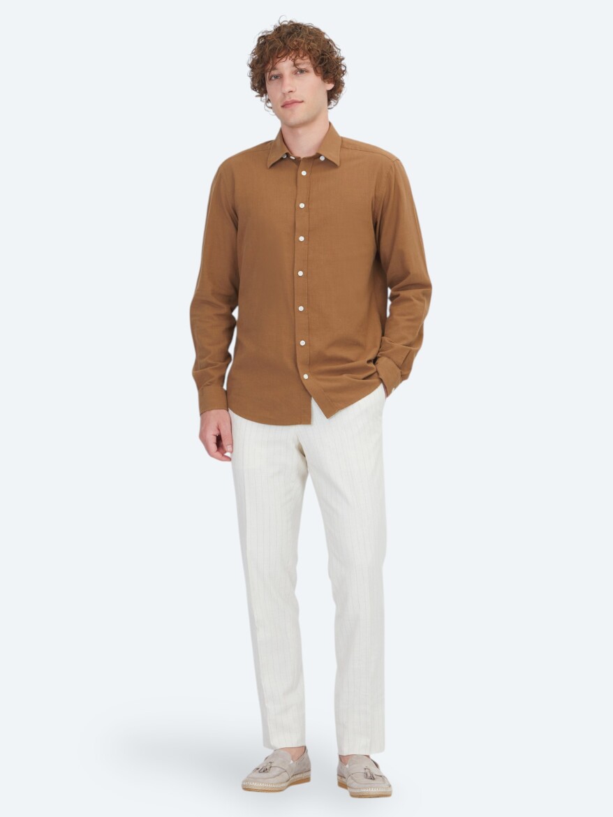 Light Brown Plain Regular Fit Weaving Casual 100% Cotton Shirt 