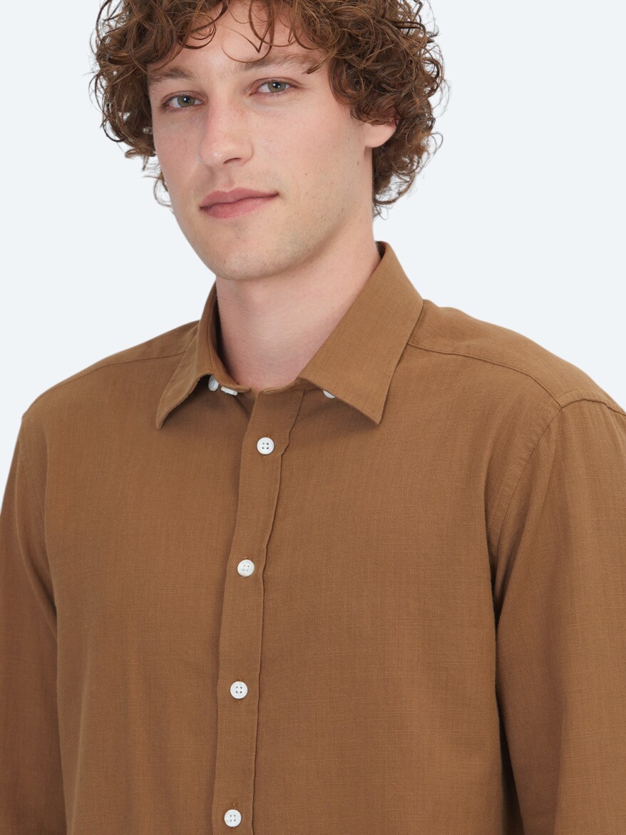 Light Brown Plain Regular Fit Weaving Casual 100% Cotton Shirt - 3