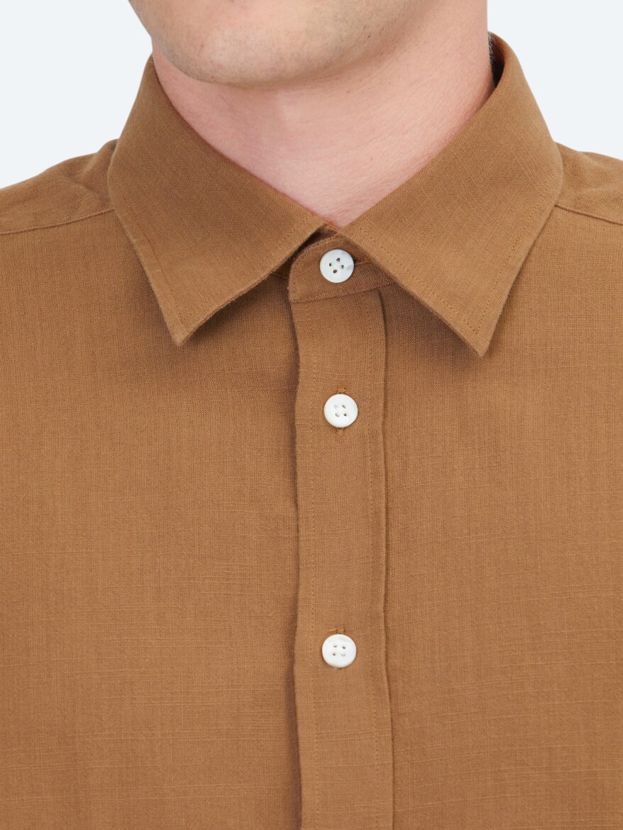 Light Brown Plain Regular Fit Weaving Casual 100% Cotton Shirt - 4