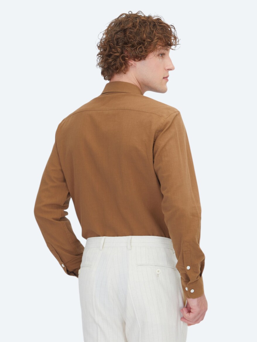 Light Brown Plain Regular Fit Weaving Casual 100% Cotton Shirt - 5