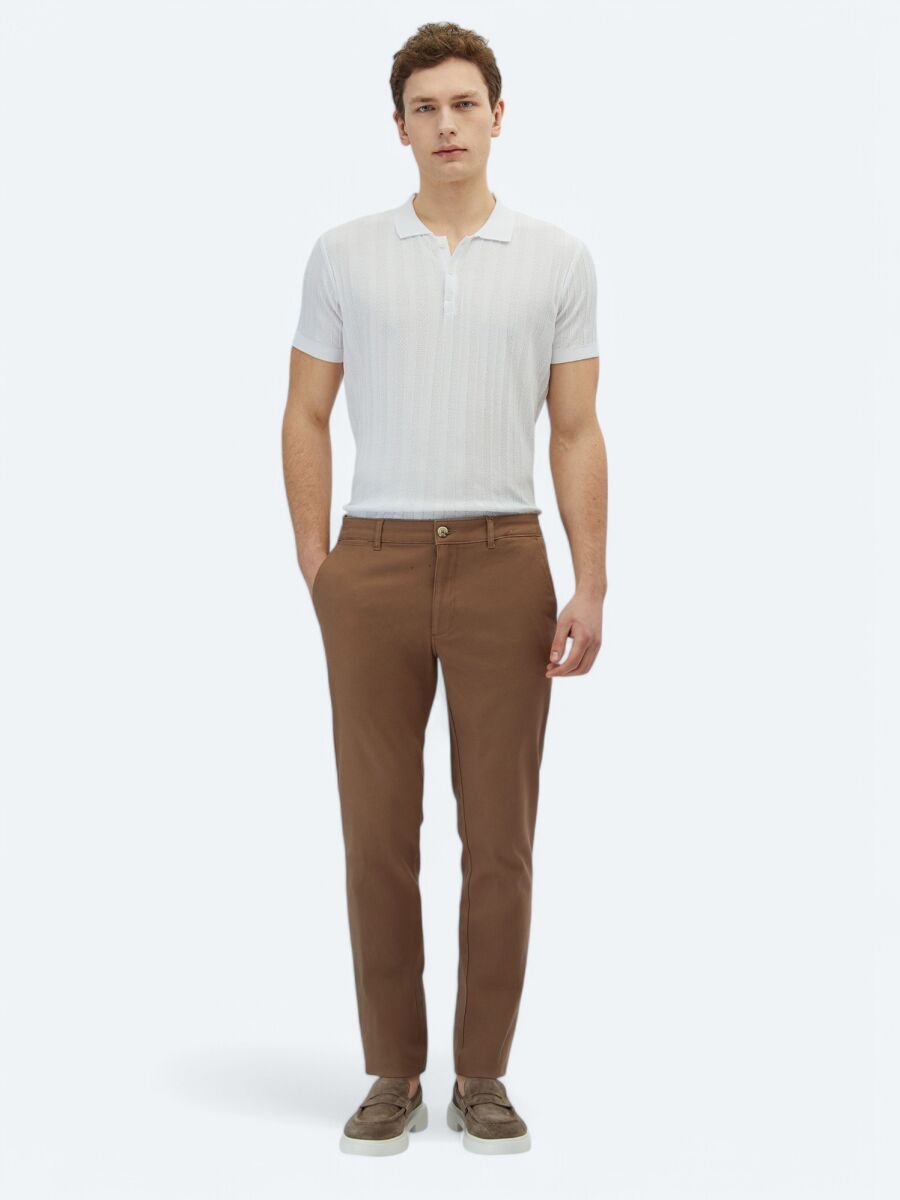 Light Brown Weaving Regular Fit Casual Cotton Blended Trousers - 1