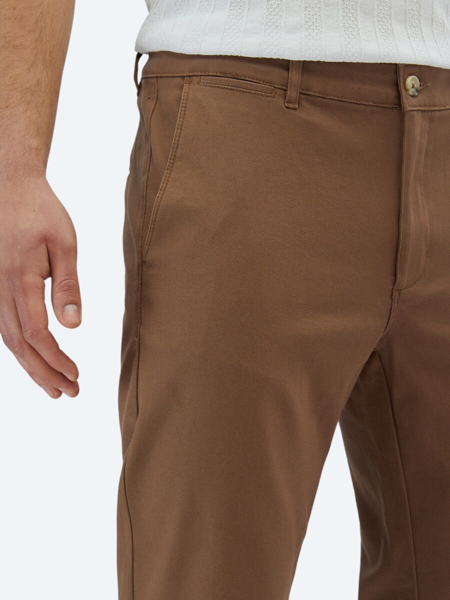 Light Brown Weaving Regular Fit Casual Cotton Blended Trousers - 3