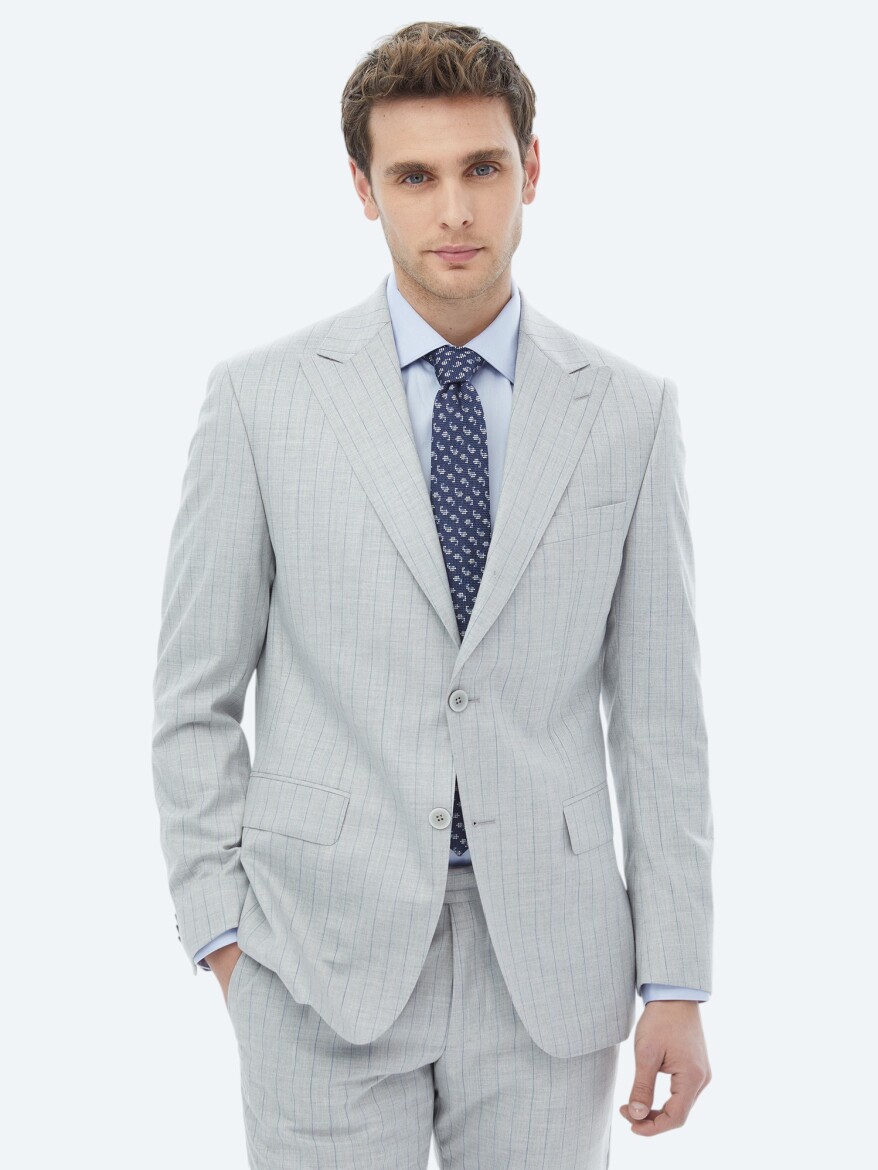 Light Grey Striped Modern Fit Suit - 1