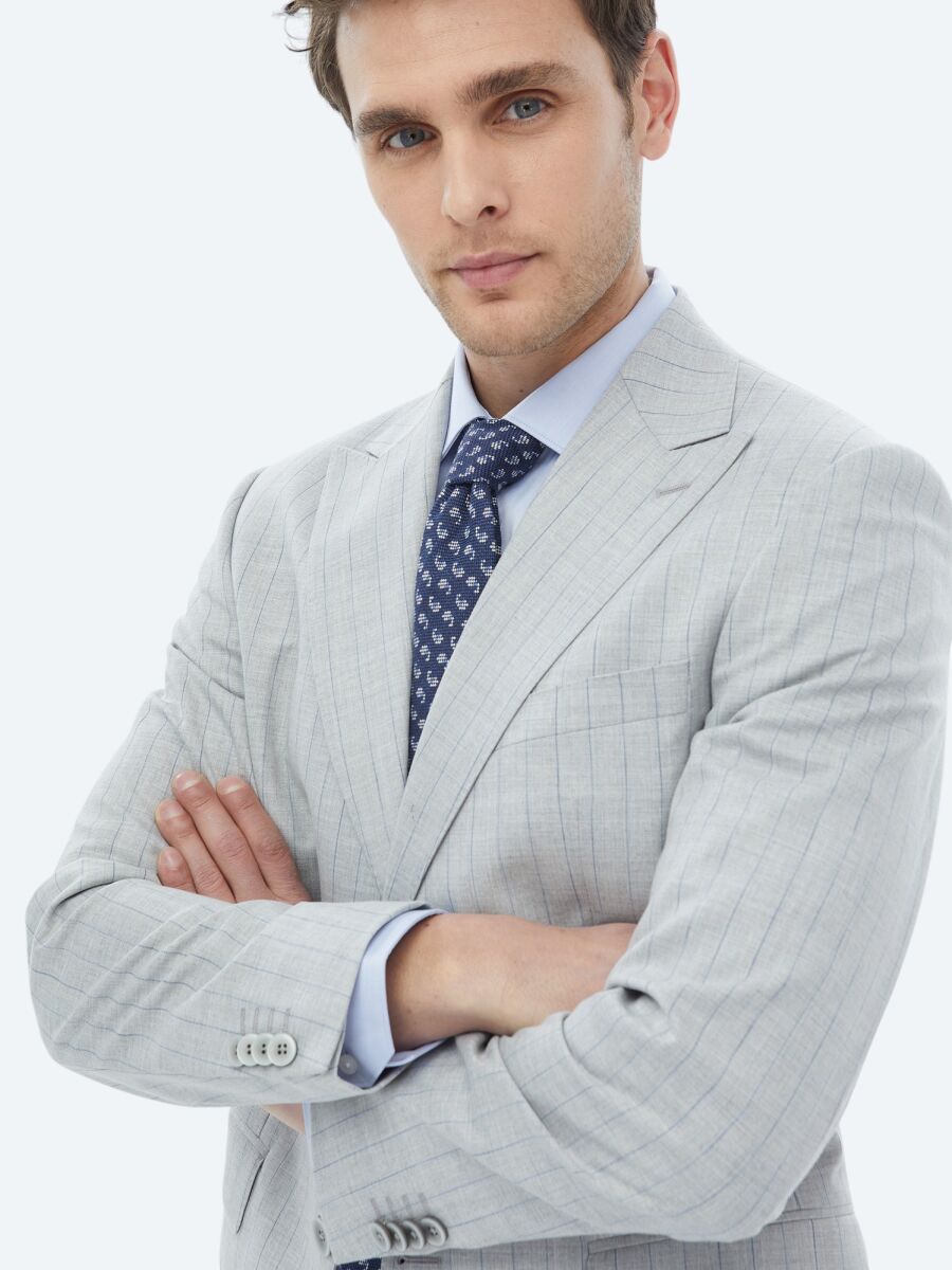 Light Grey Striped Modern Fit Suit - 2