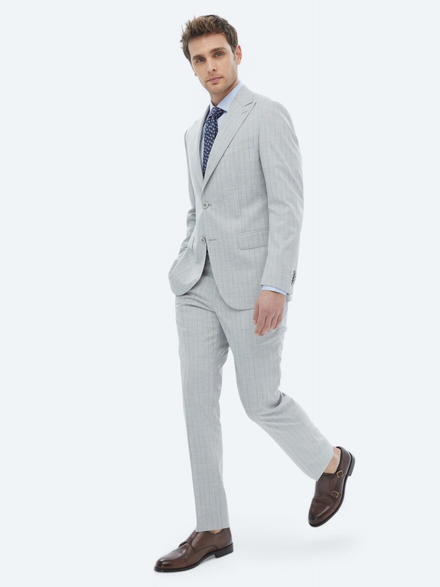 Light Grey Striped Modern Fit Suit - 3