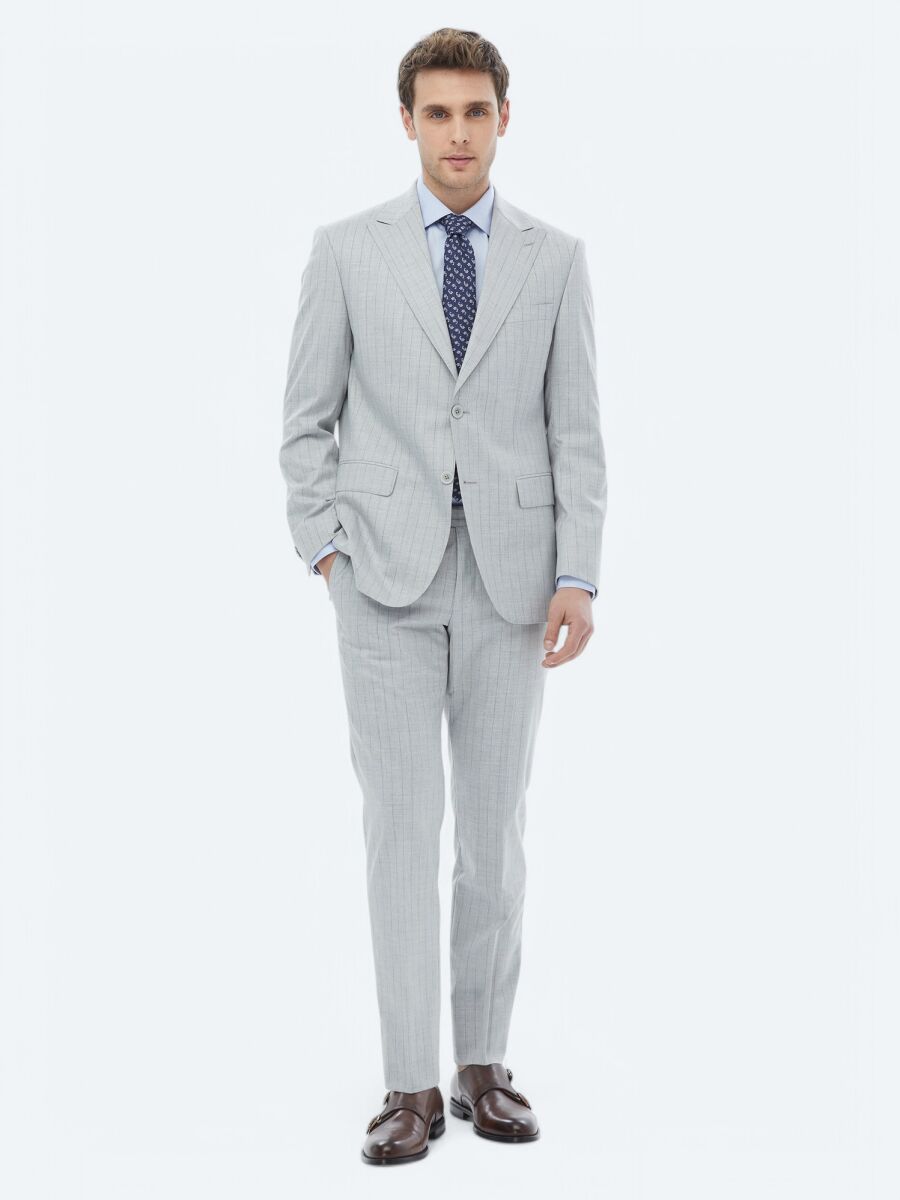 Light Grey Striped Modern Fit Suit - 5