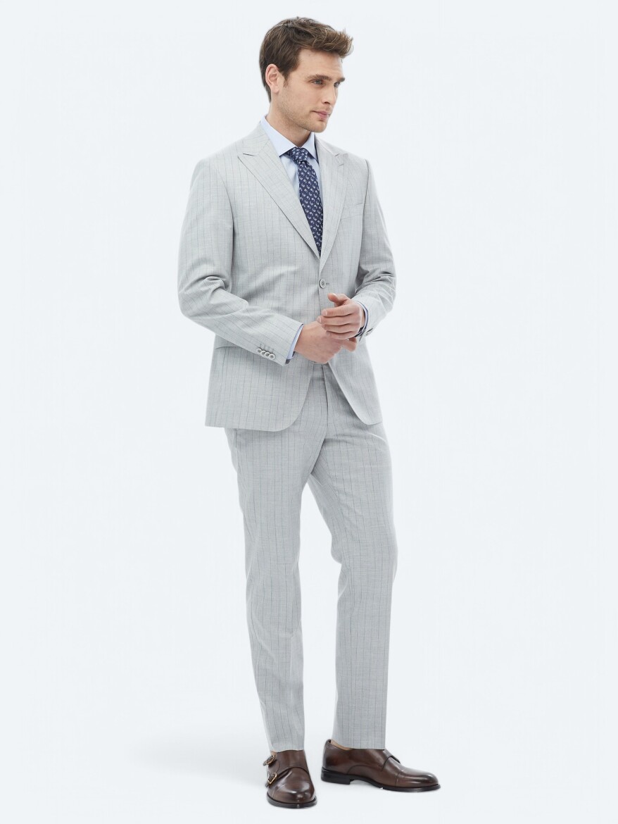 Light Grey Striped Modern Fit Suit - 8