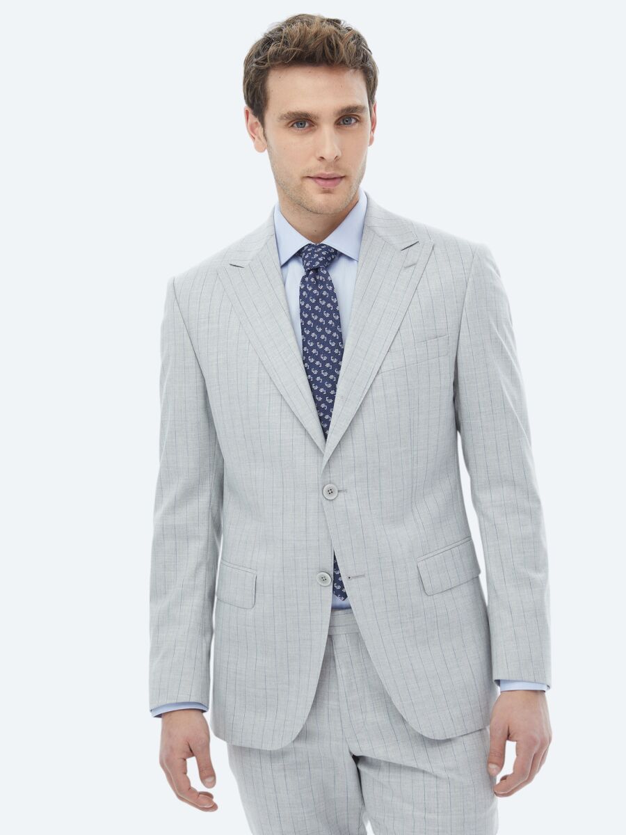 Light Grey Striped Modern Fit Suit - 10