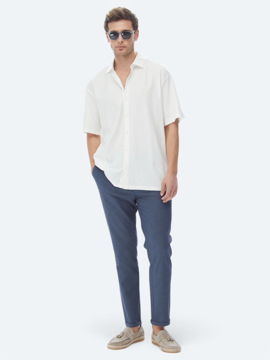 Light Navy Blue Weaving Jogging Fit Casual Cotton Blended Trousers - 1