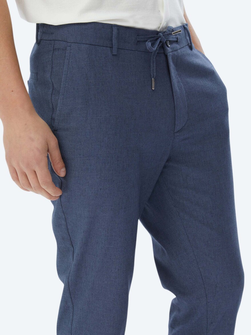 Light Navy Blue Weaving Jogging Fit Casual Cotton Blended Trousers - 3