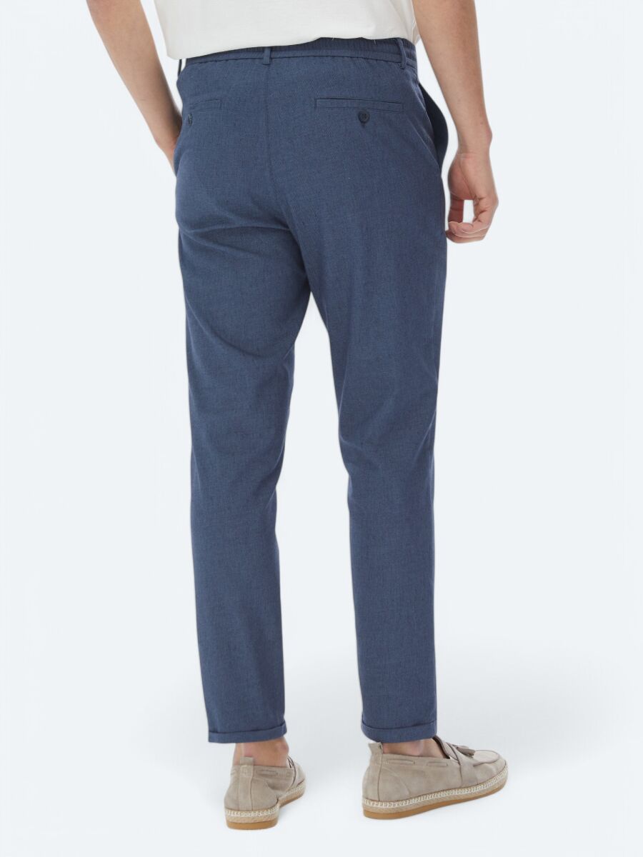 Light Navy Blue Weaving Jogging Fit Casual Cotton Blended Trousers - 4