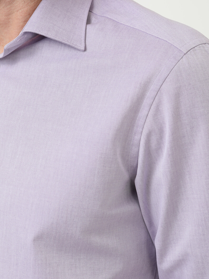 Lila Düz Slim Fit Dokuma Klasik Pamuk Karışımlı Gömlek 