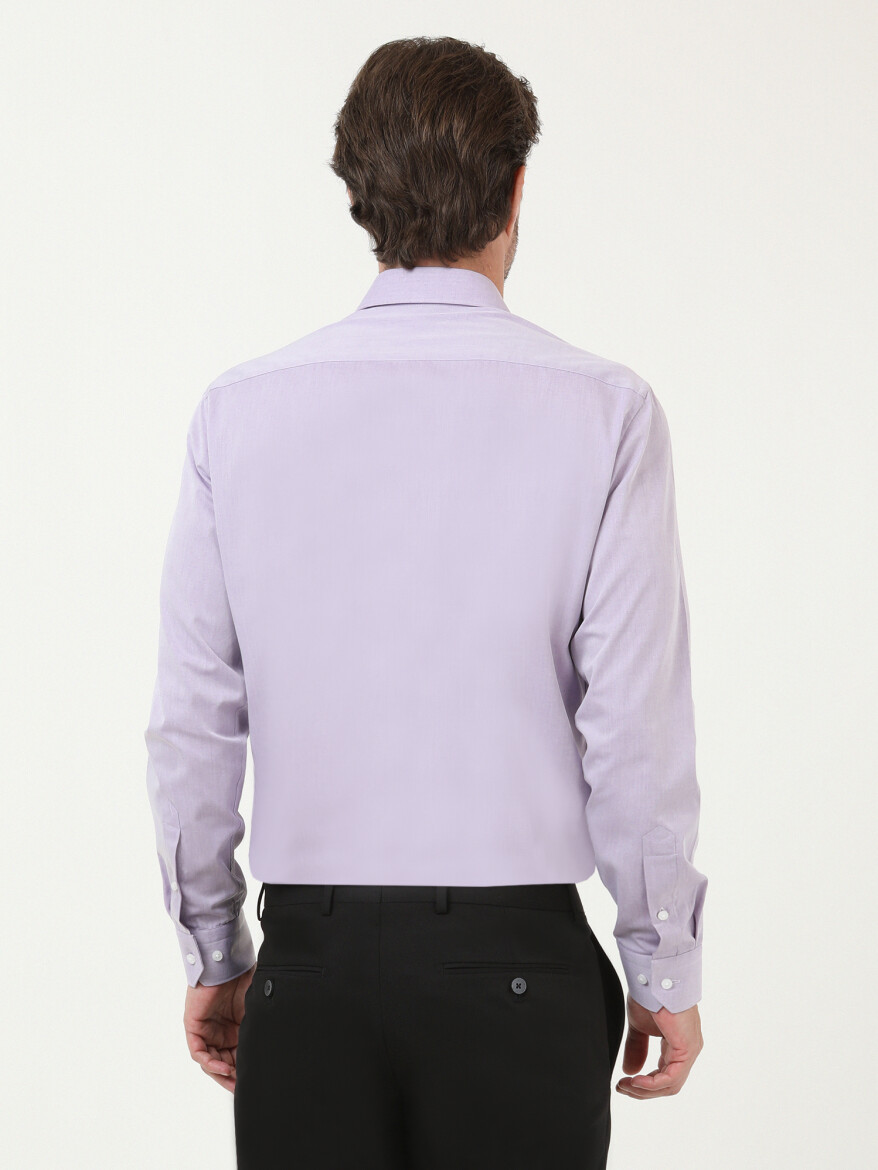 Lila Düz Slim Fit Dokuma Klasik Pamuk Karışımlı Gömlek - 4