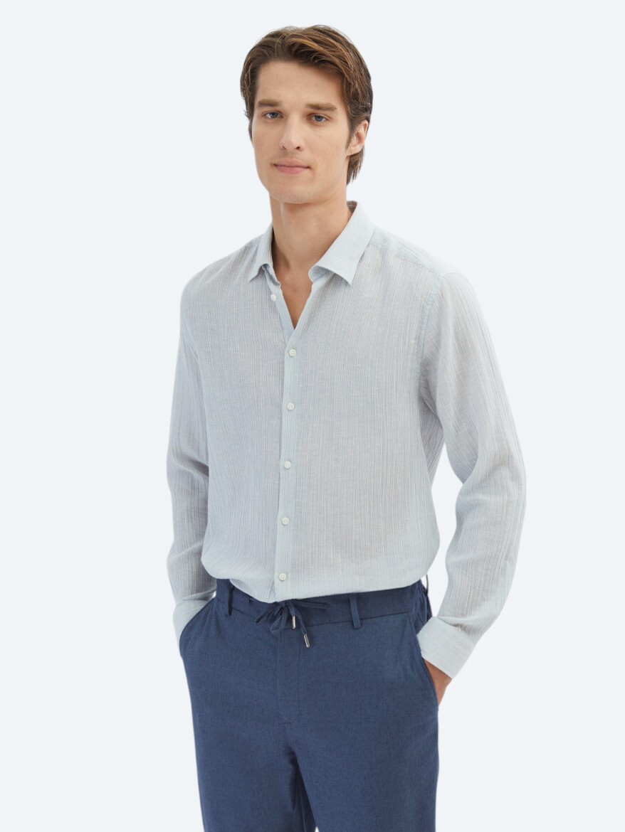 Mavi Çizgili Regular Fit Dokuma Casual Pamuk Karışımlı Gömlek - KİP