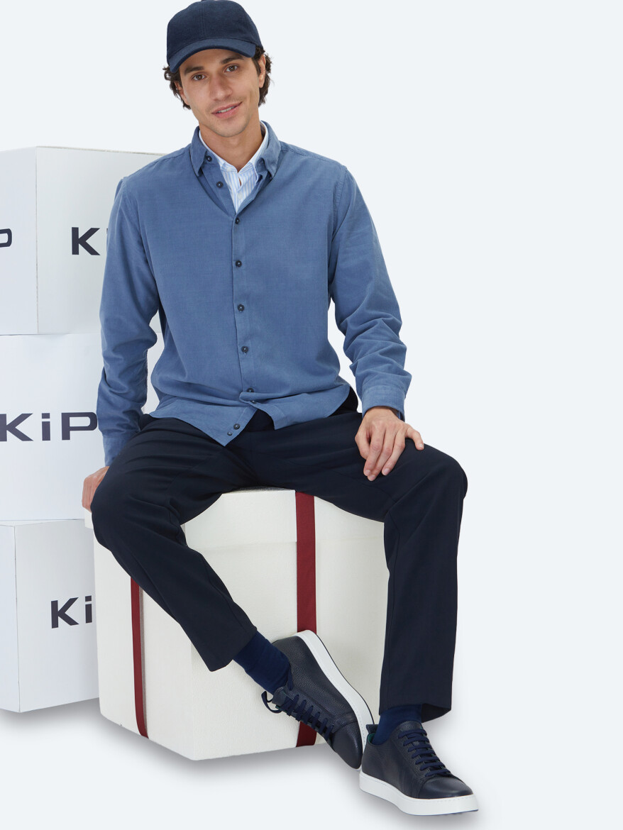 Mavi Çizgili Regular Fit Dokuma Kadife Casual %100 Pamuk Gömlek - KİP