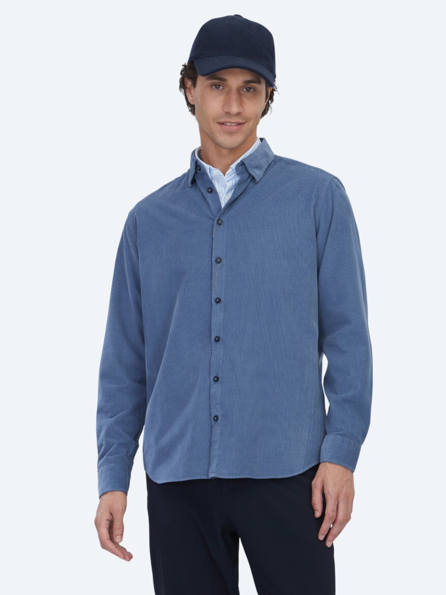 Mavi Çizgili Regular Fit Dokuma Kadife Casual %100 Pamuk Gömlek - KİP