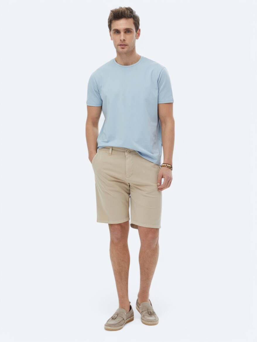 Mavi Düz Bisiklet Yaka Pamuk Karışımlı T-Shirt - KİP