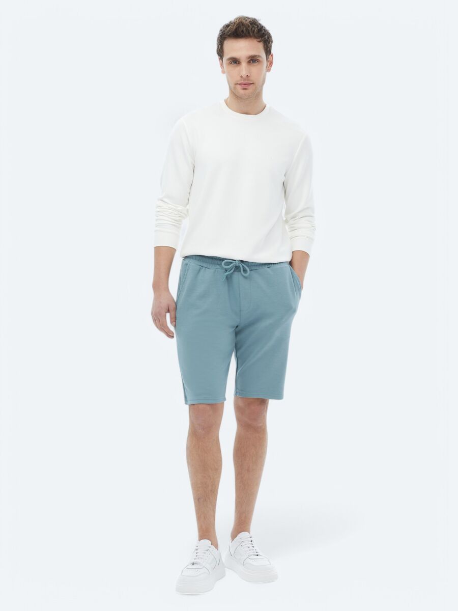 Mavi Düz Örme Jogging Fit Casual Bermuda - 3