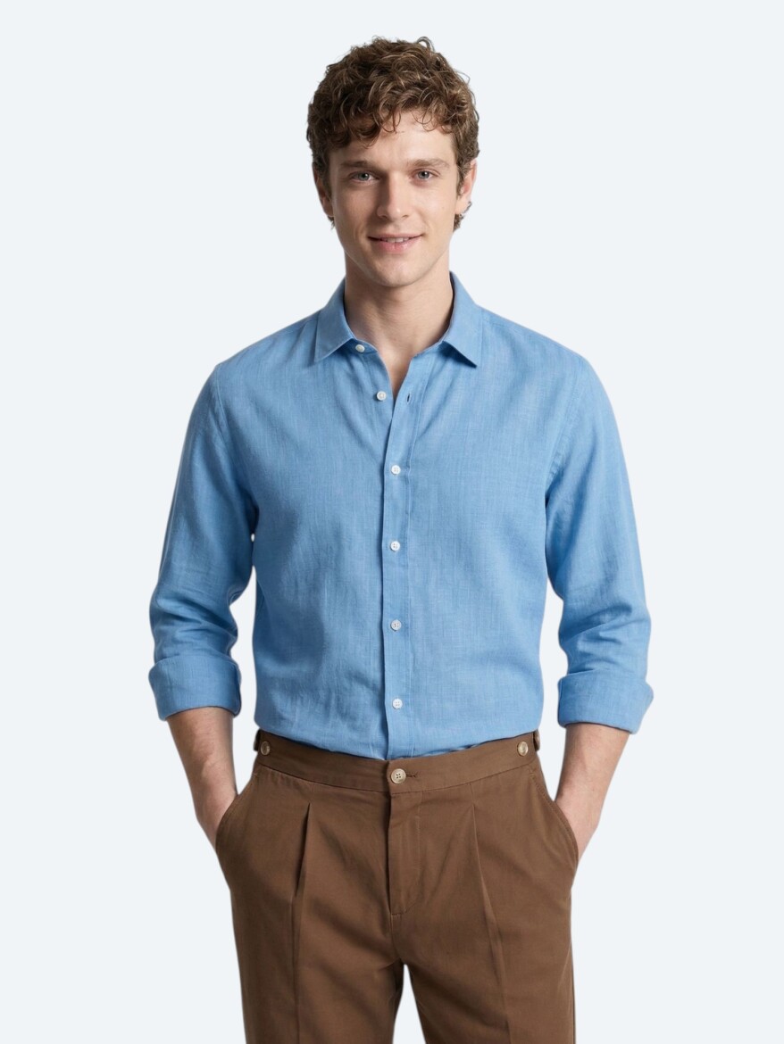 Mavi Düz Regular Fit Dokuma Casual %100 Pamuk Gömlek - 1