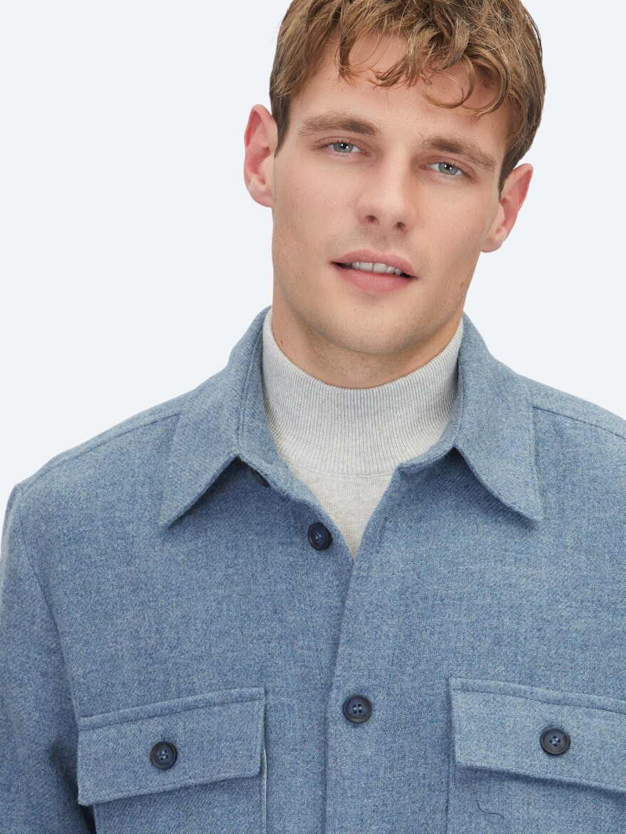 Mavi Düz Regular Fit Dokuma Yün Karışımlı Overshırt - 6