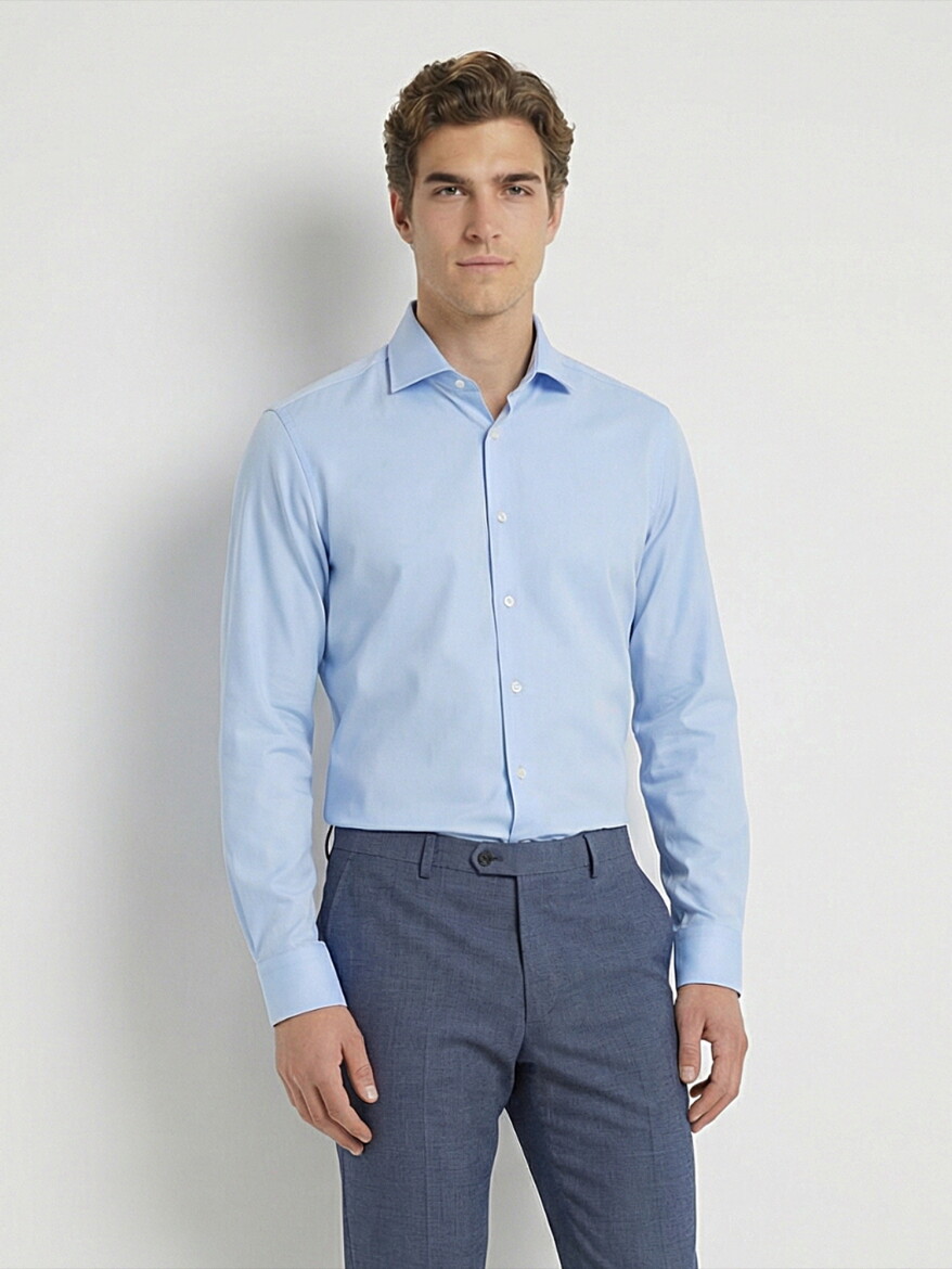 Mavi Düz Slim Fit Dokuma Klasik %100 Pamuk Gömlek - KİP