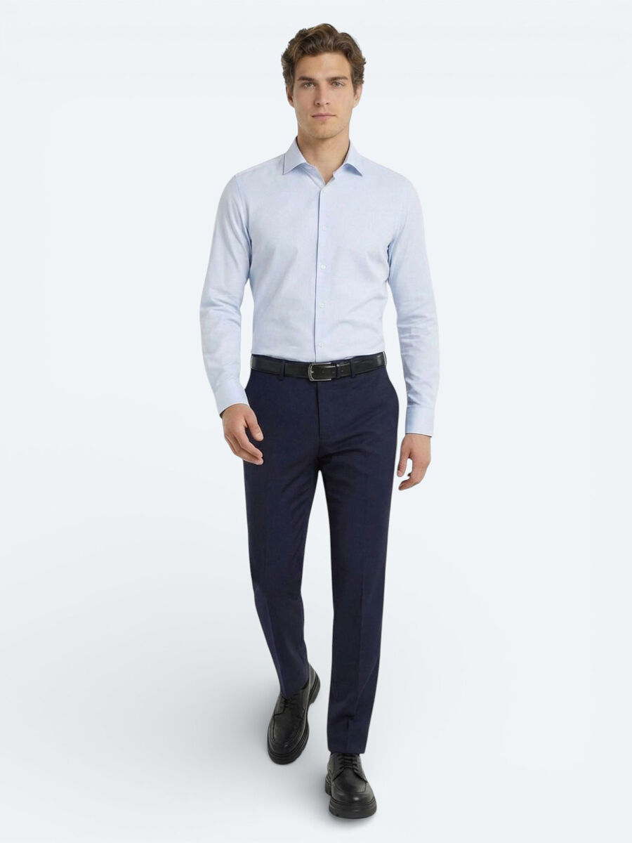 Mavi Düz Slim Fit Dokuma Klasik Pamuk Karışımlı Gömlek - 2