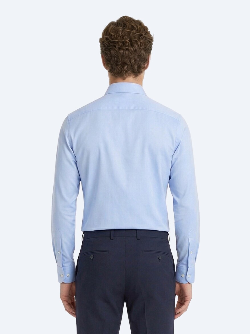 Mavi Düz Slim Fit Dokuma Klasik Pamuk Karışımlı Gömlek - 4