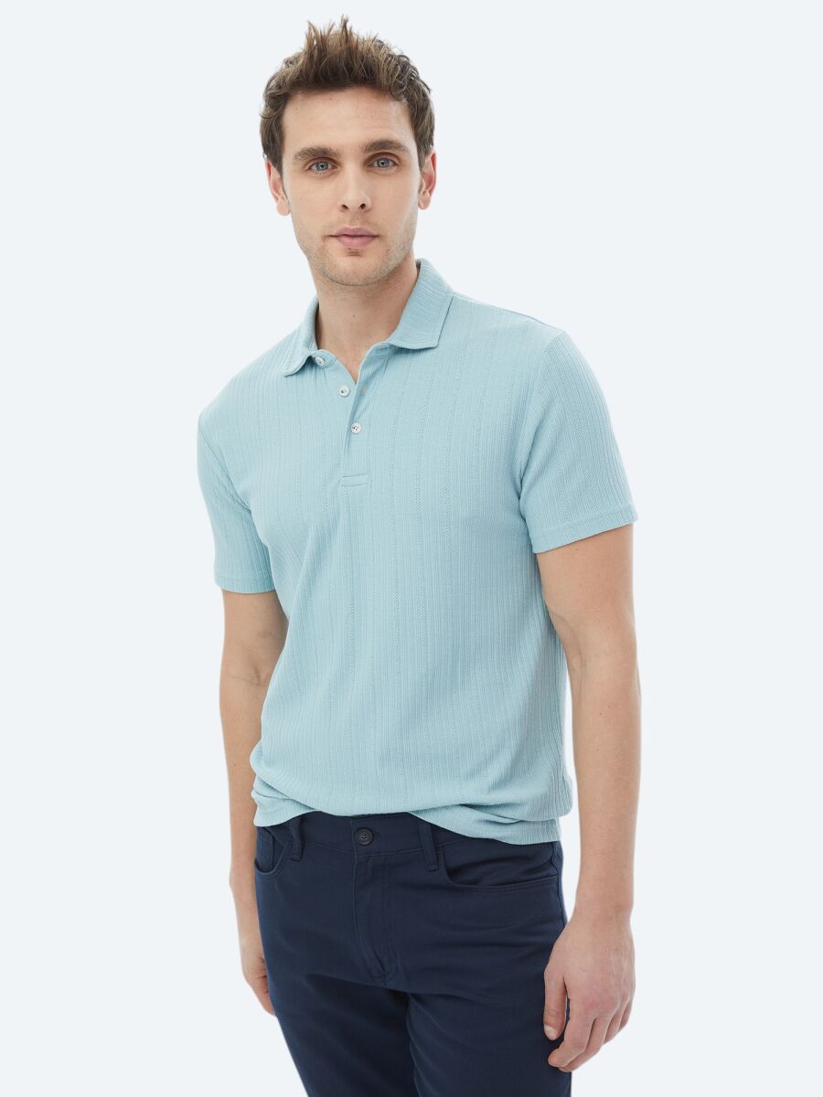 Mint Jacquard Polo Neck Cotton Blended T-Shirt - 1