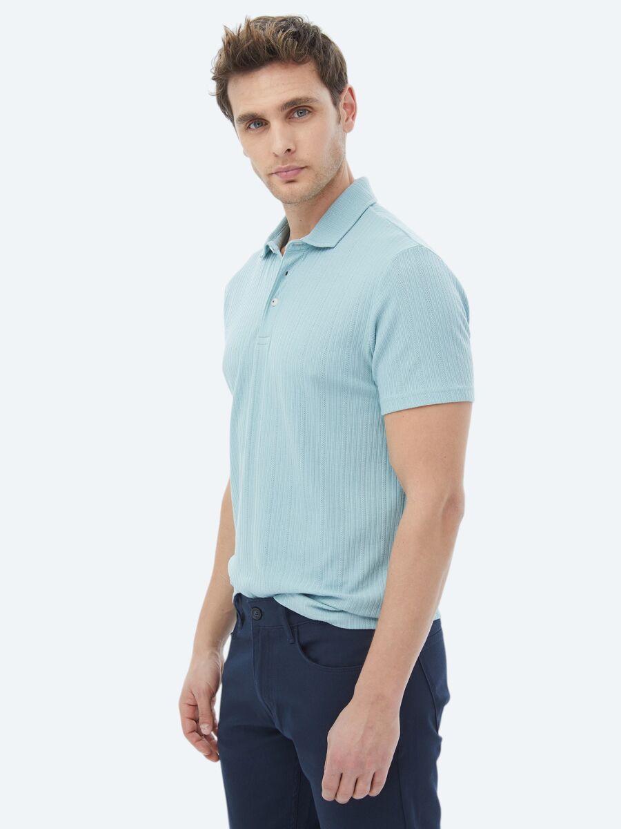 Mint Jacquard Polo Neck Cotton Blended T-Shirt - 4