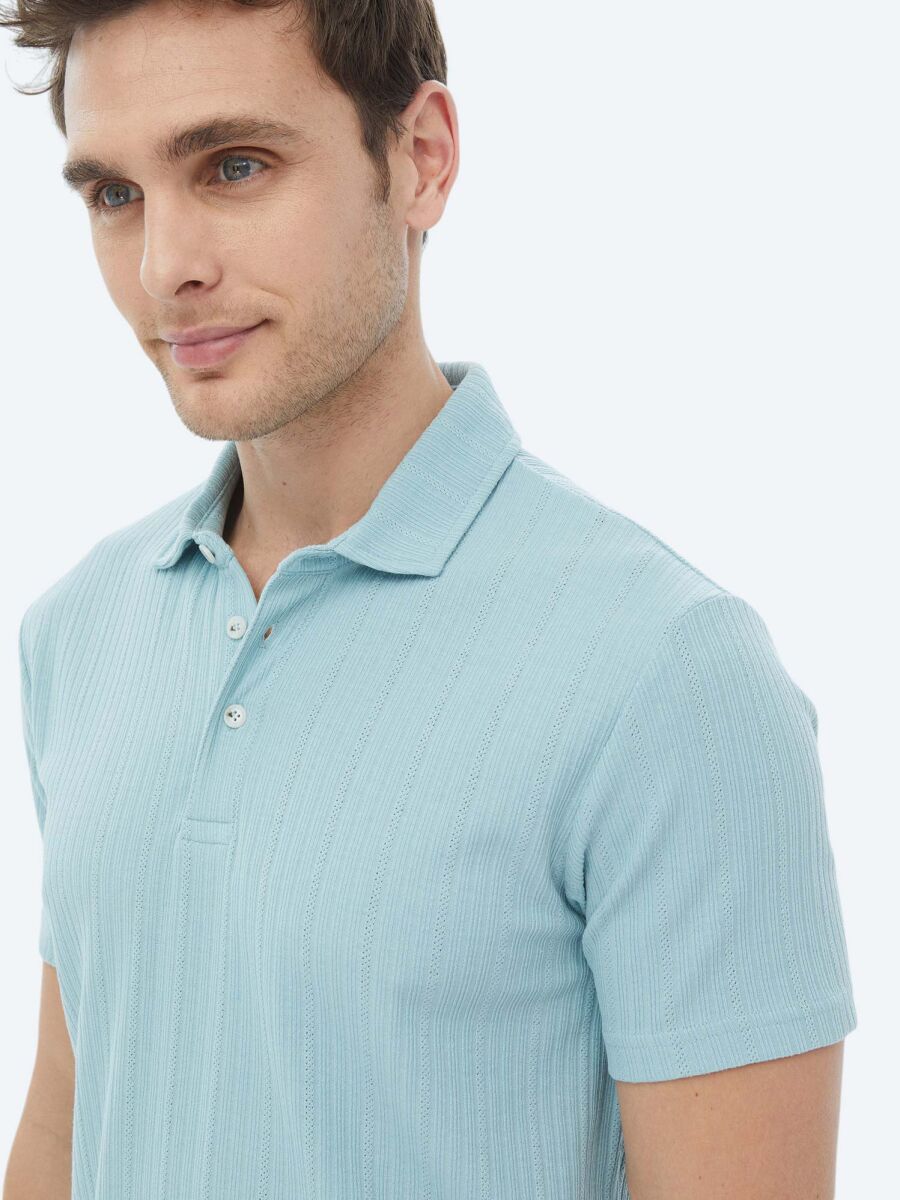 Mint Jacquard Polo Neck Cotton Blended T-Shirt - 7