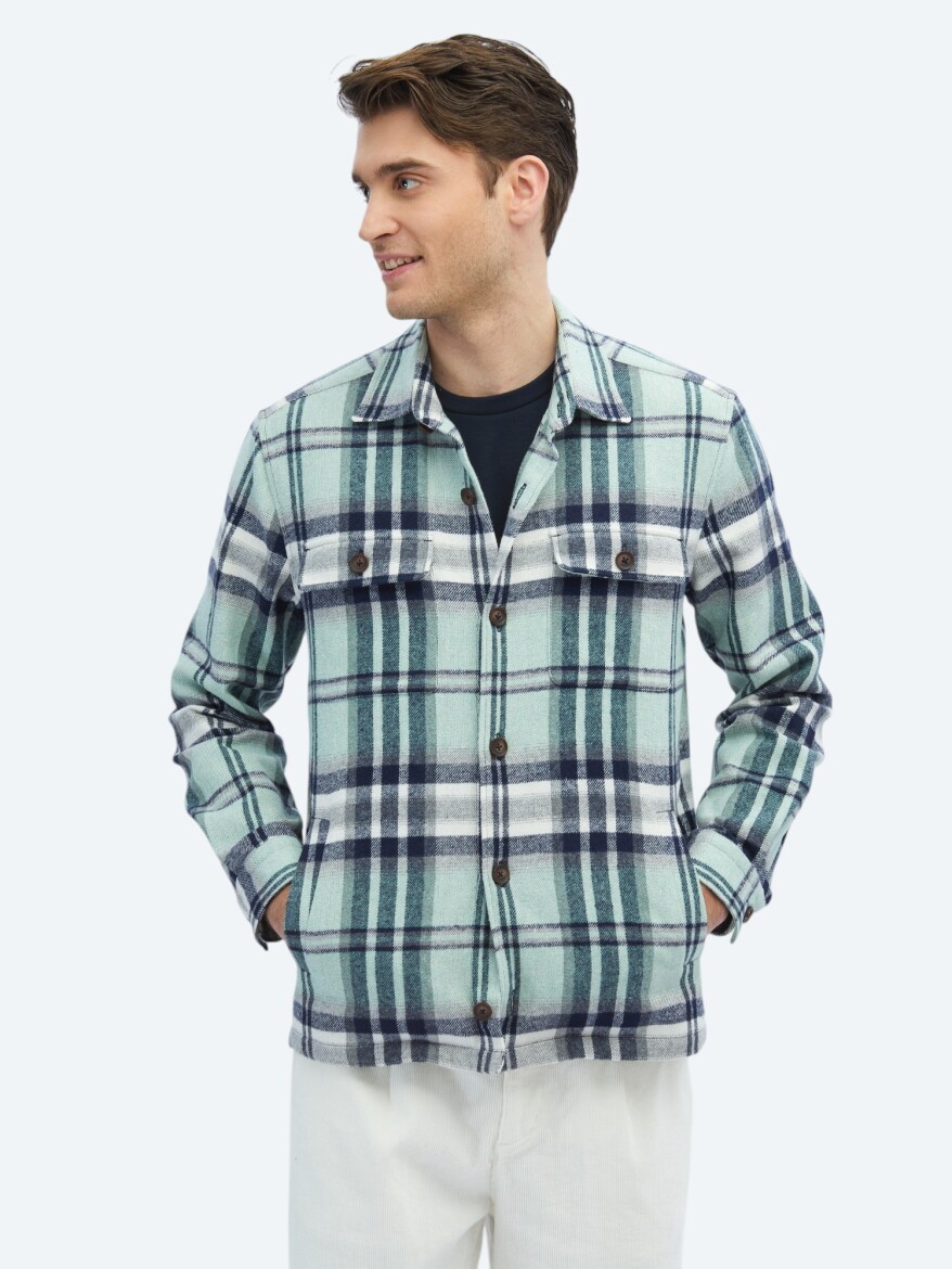 Mint Kareli Regular Fit Dokuma Yün Karışımlı Overshırt - KİP