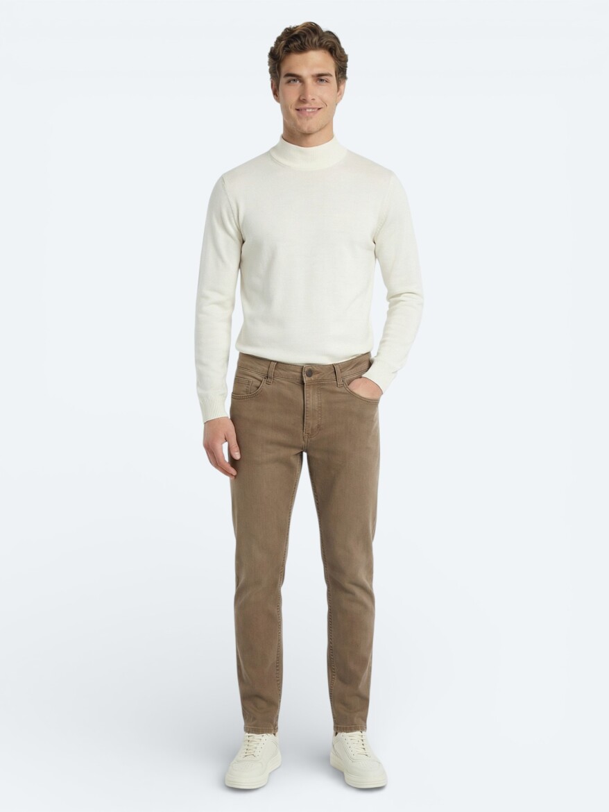 Mustard Slim Fit Denim Cotton Blended Trousers - KİP