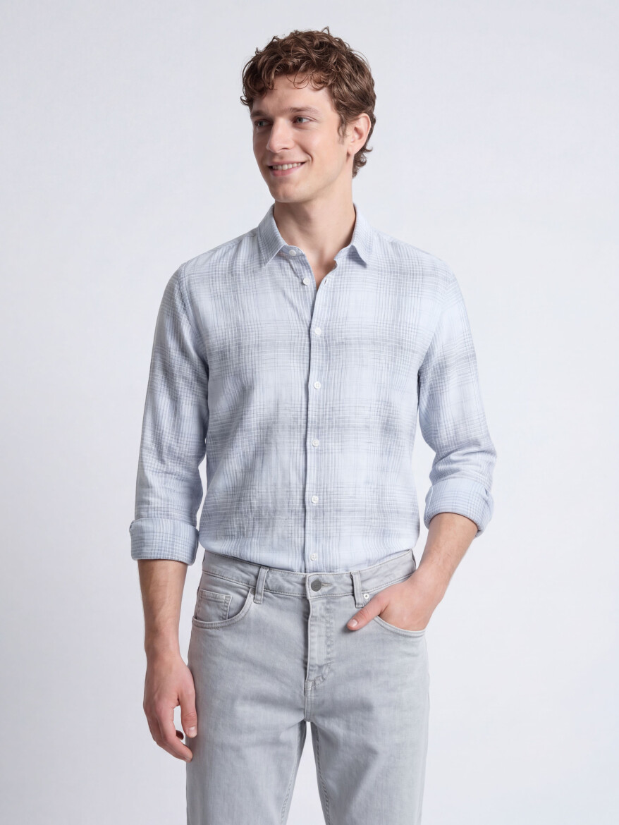 Navy Blue Checkered Regular Fit Weaving Casual Cotton Blended Shirt - 1