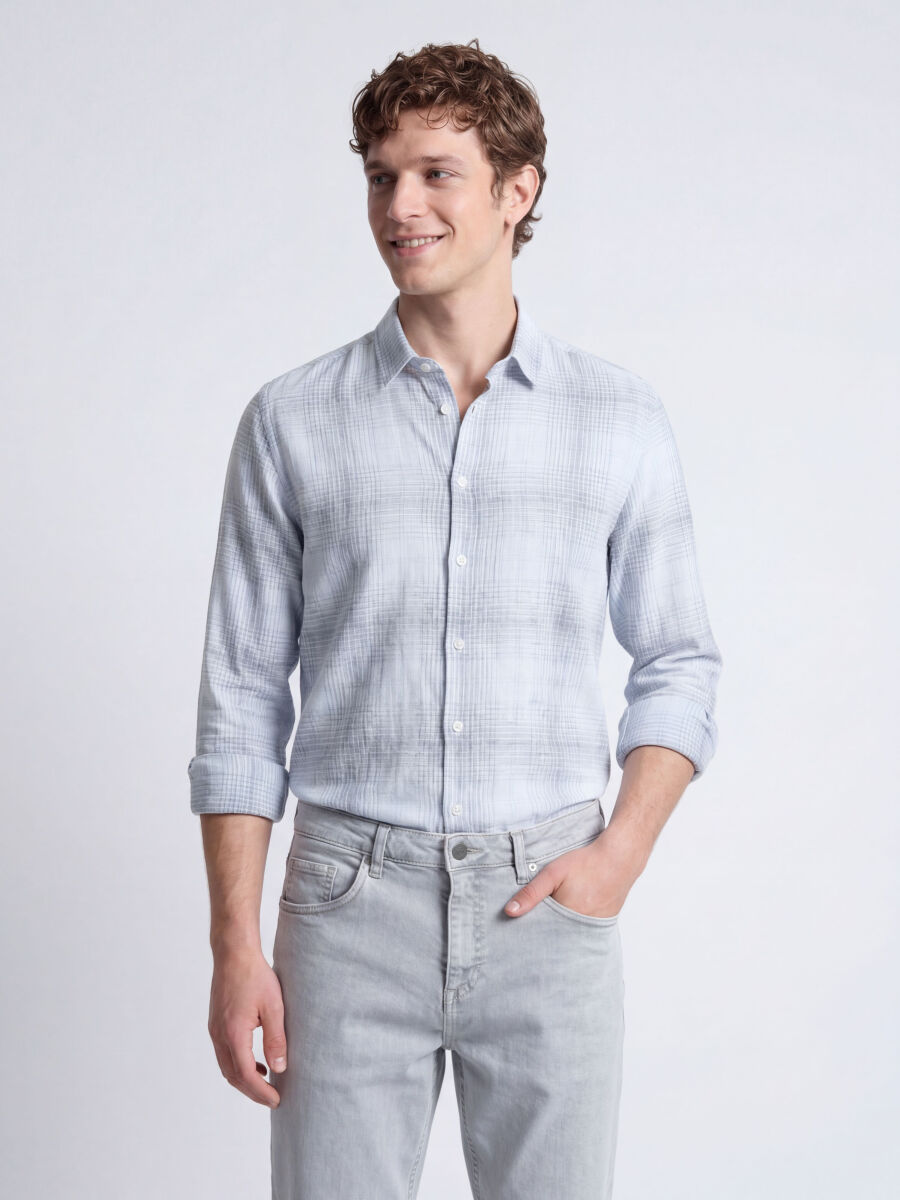 Navy Blue Checkered Regular Fit Weaving Casual Cotton Blended Shirt - 1