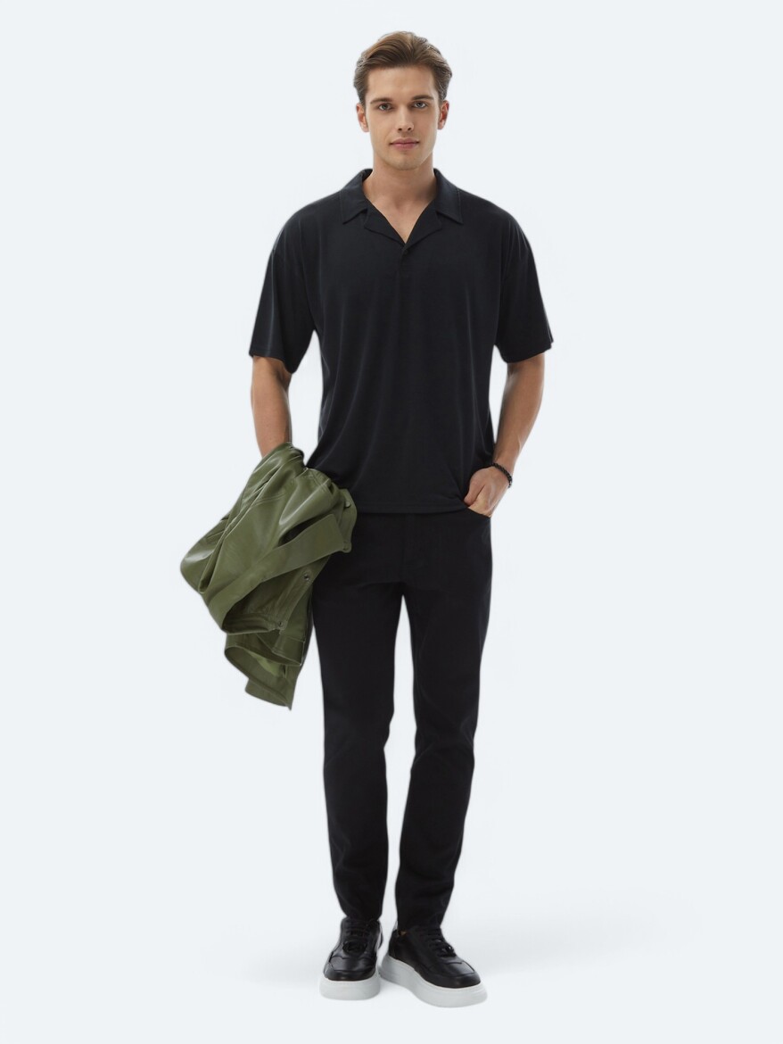 Navy Blue Jacquard Cuban Collar T-Shirt - 2