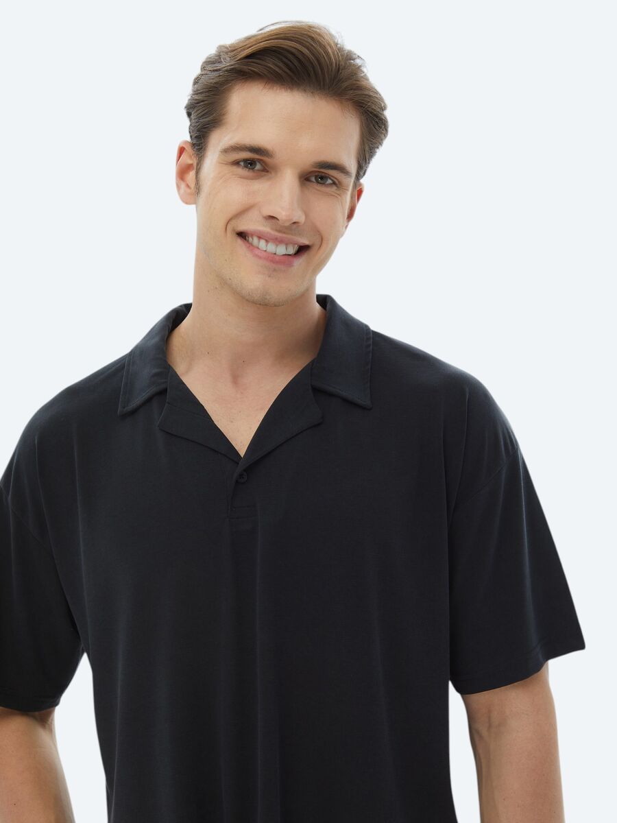 Navy Blue Jacquard Cuban Collar T-Shirt - 3