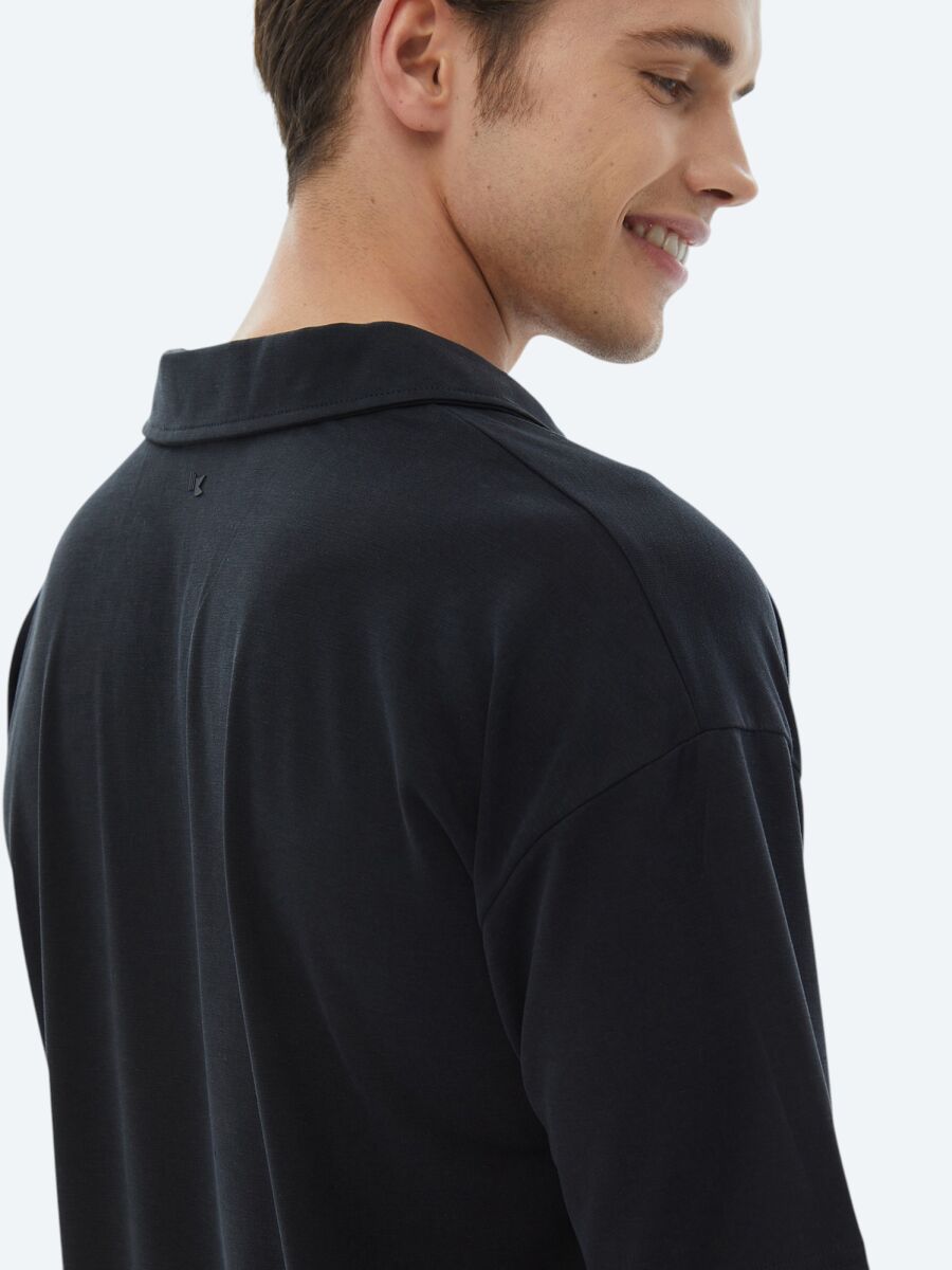 Navy Blue Jacquard Cuban Collar T-Shirt - 6