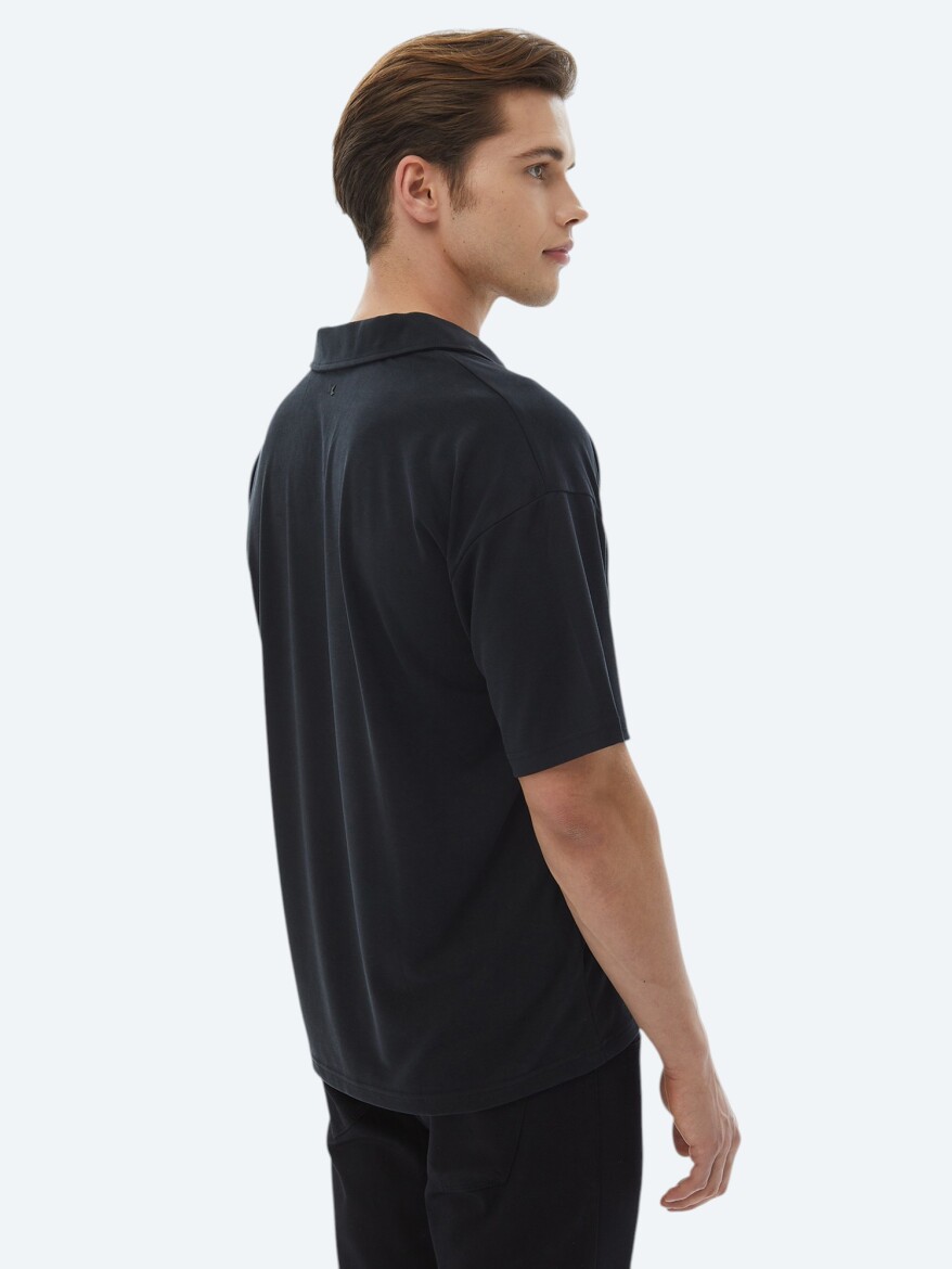 Navy Blue Jacquard Cuban Collar T-Shirt - 7