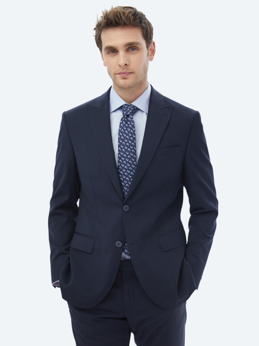 Navy Blue Micro Modern Fit Wool Blended Suit - 2