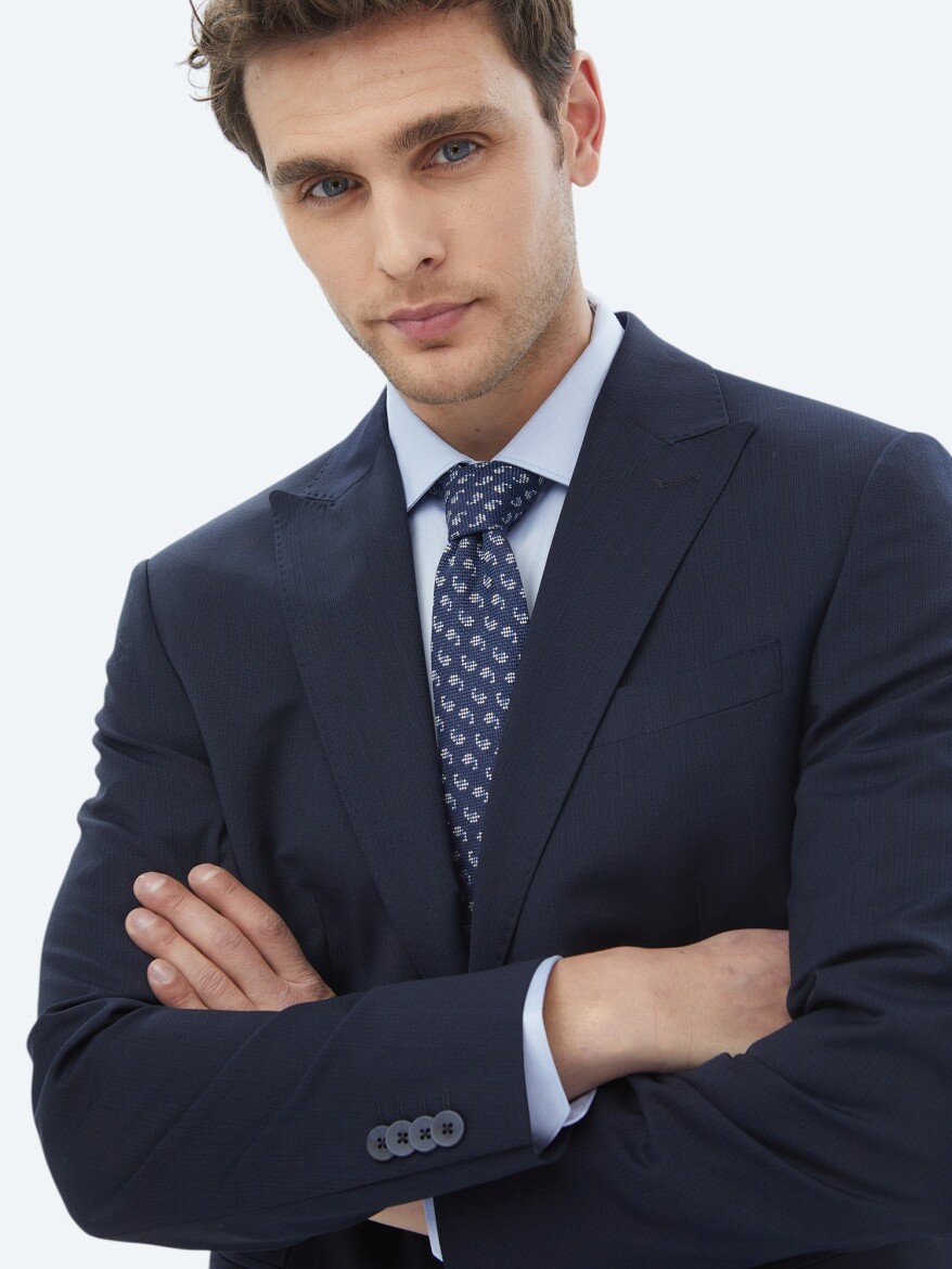 Navy Blue Micro Modern Fit Wool Blended Suit - 3