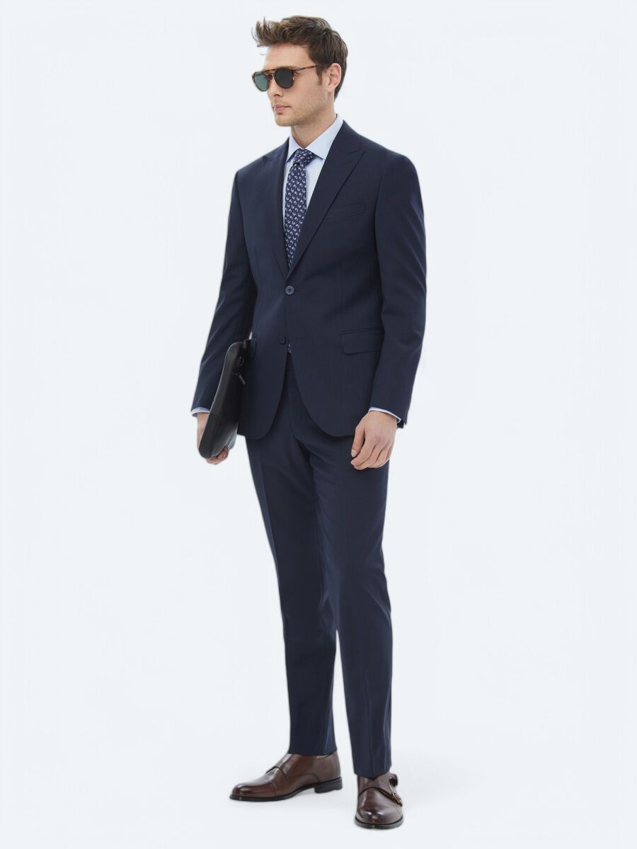 Navy Blue Micro Modern Fit Wool Blended Suit - 5