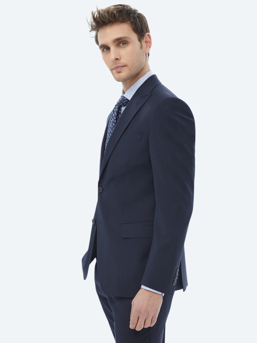 Navy Blue Micro Modern Fit Wool Blended Suit - 6