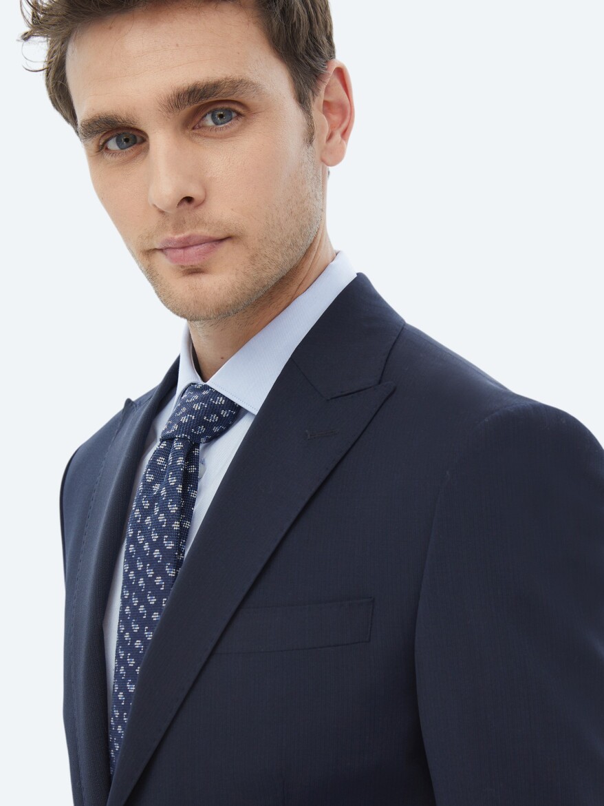 Navy Blue Micro Modern Fit Wool Blended Suit - 7
