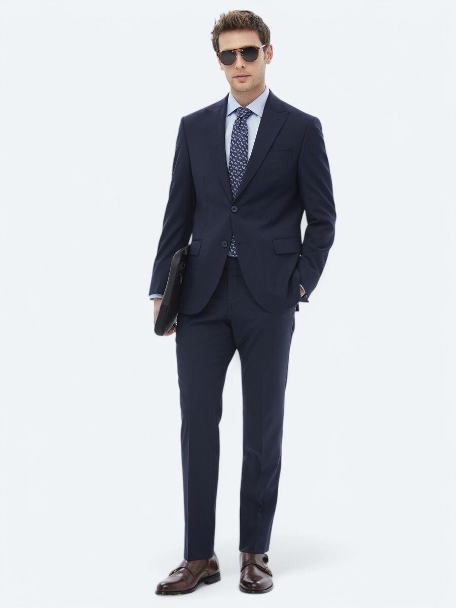 Navy Blue Micro Modern Fit Wool Blended Suit - 8